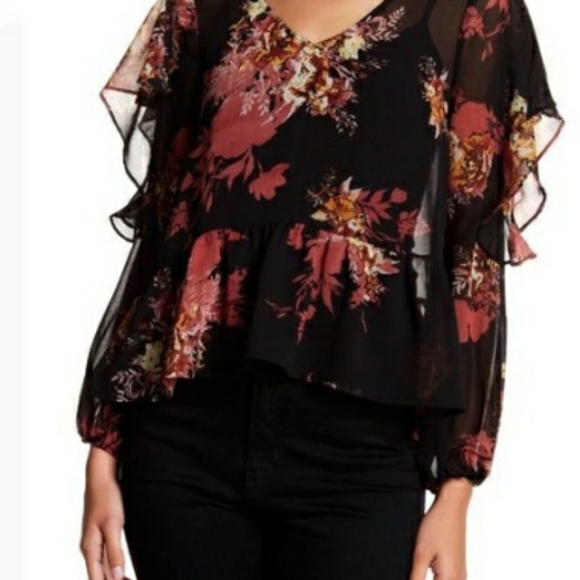Halogen Tops - Halogen Chiffon Dark Floral Blouse w/"Cold Arm" Ruffled Sleeve size Halogen 1